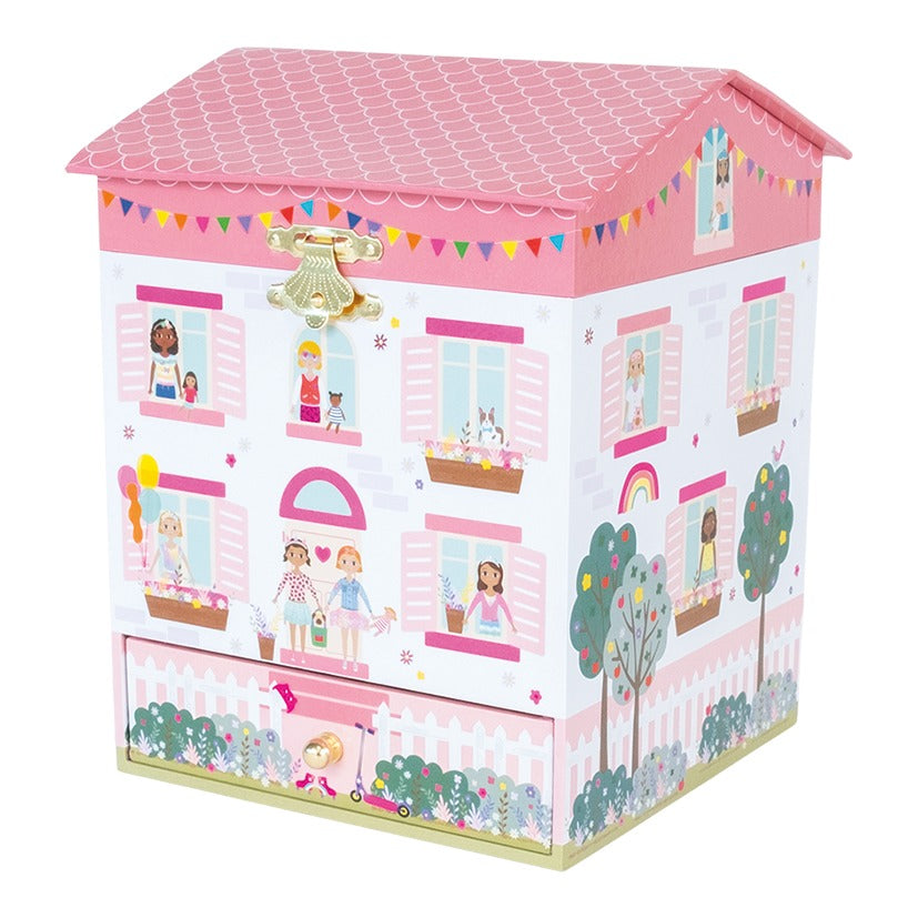 FLOSS AND ROCK Dolls House Jewelry Box in pink with gold clasp and decorative roof and bottom drawer