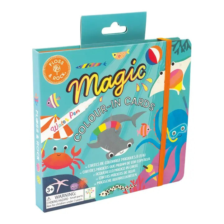 FLOSS AND ROCK Magic Color-In Cards Ocean set in a teal box with orange elastic strap and colorful sea creatures.