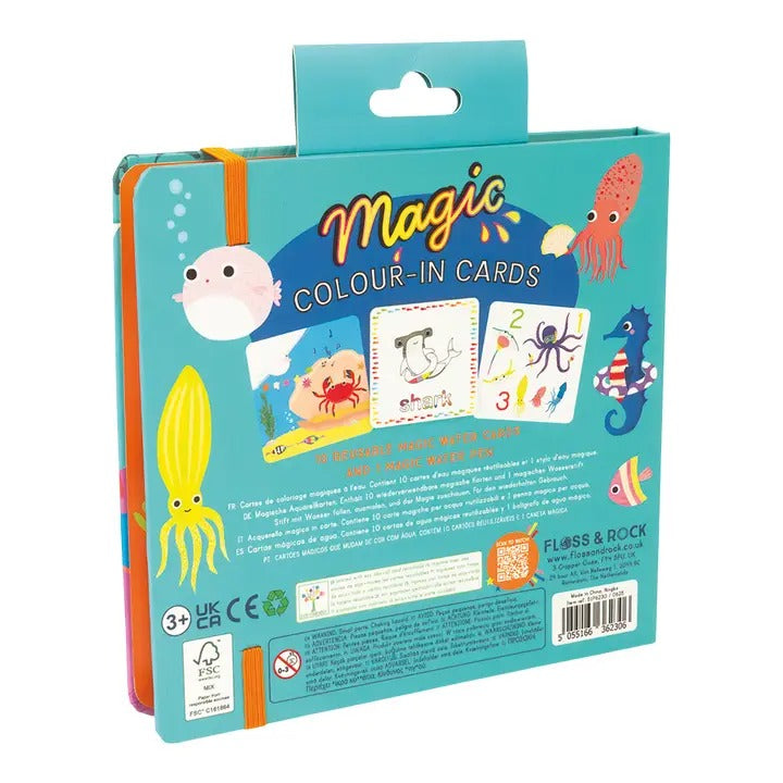 Floss And Rock Magic Color Changing Water Cards Ocean box showing illustrated ocean cards and orange elastic band