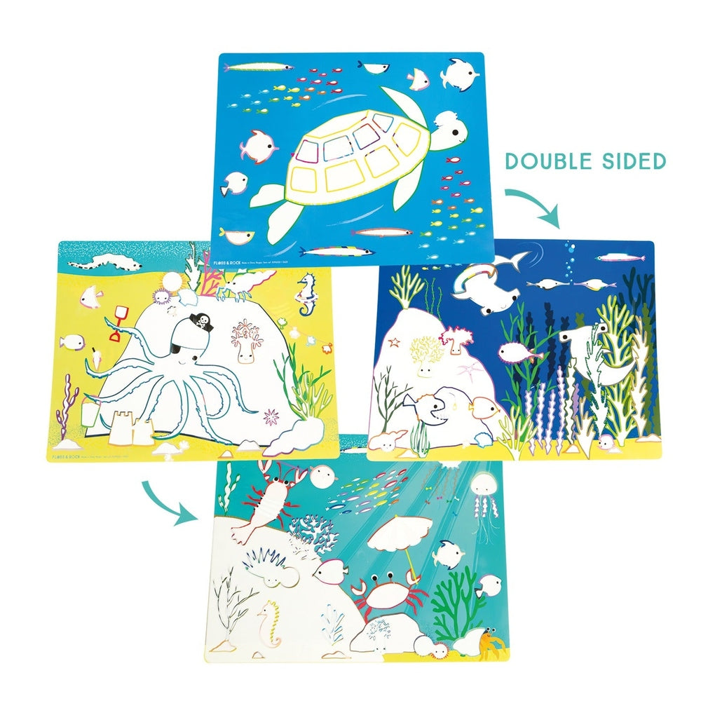 Floss And Rock Magic Water Placemats, double-sided ocean art mats showing sea creatures and coral.