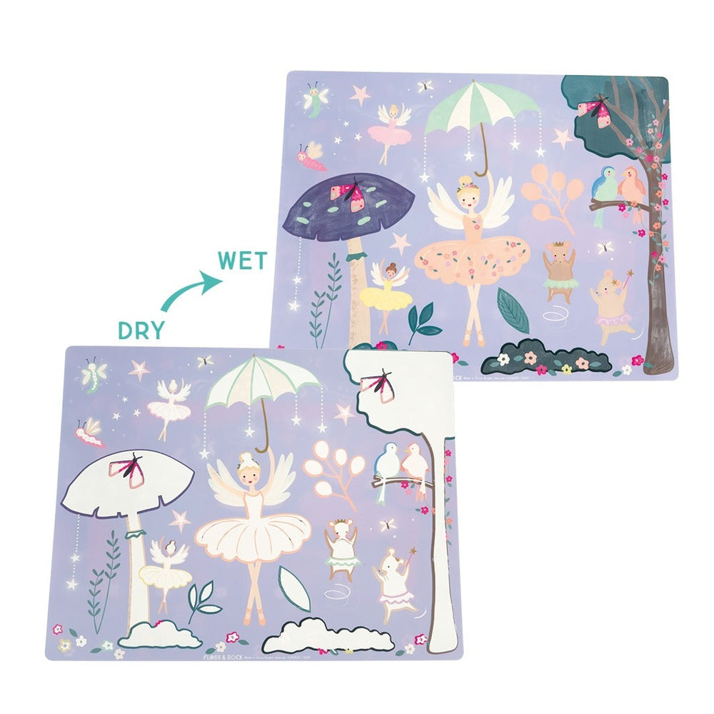 Floss And Rock Magic Water Placemats set of 2, whimsical ballet scenes revealed by water on pastel purple art.