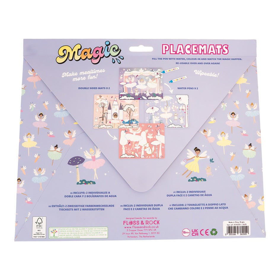 Floss and Rock Magic Water Placemats set in lavender, showing reusable double-sided mats and water pens in action.