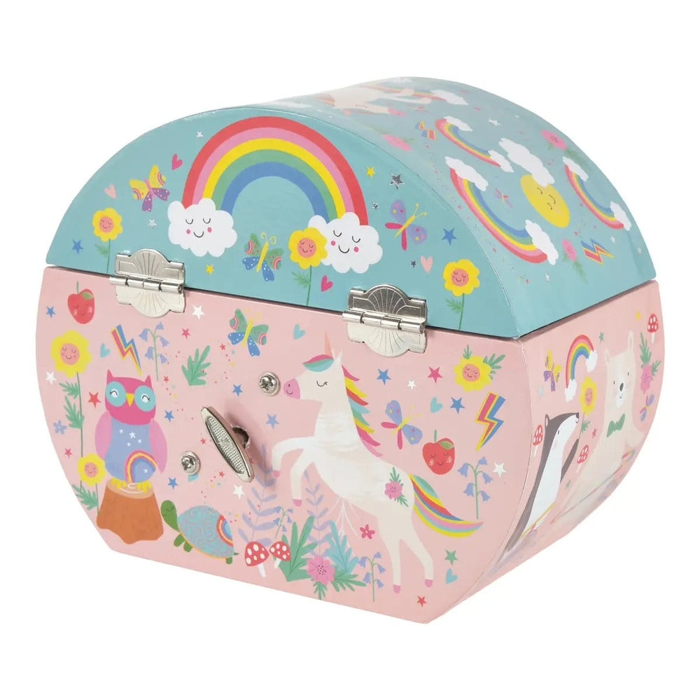 FLOSS AND ROCK Musical Jewelry Box Oval Rainbow Fairy in pink/blue with unicorn; wind-up key activates magical melodies.
