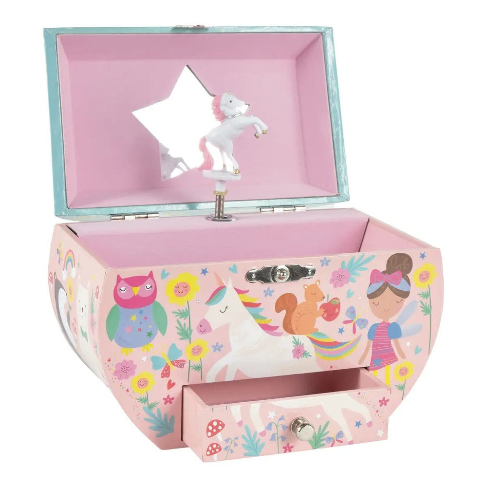 FLOSS AND ROCK Musical Jewelry Box Oval Rainbow Fairy, pink with star mirror; unicorn on spring rises when lid opens.