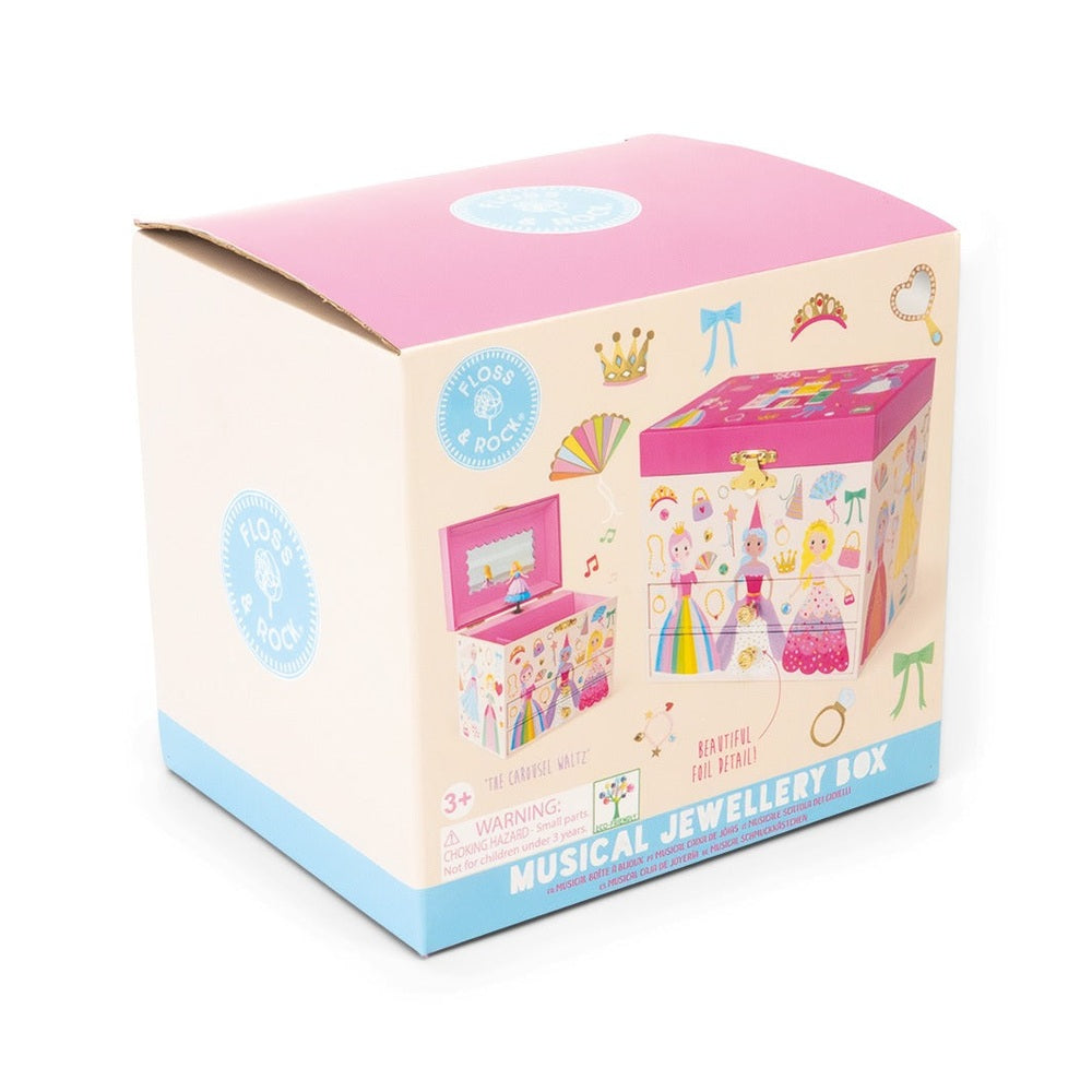 Floss and Rock Musical Jewelry Box Princess in pink pastel box, featuring open lid and pull-out drawer with princess decals.