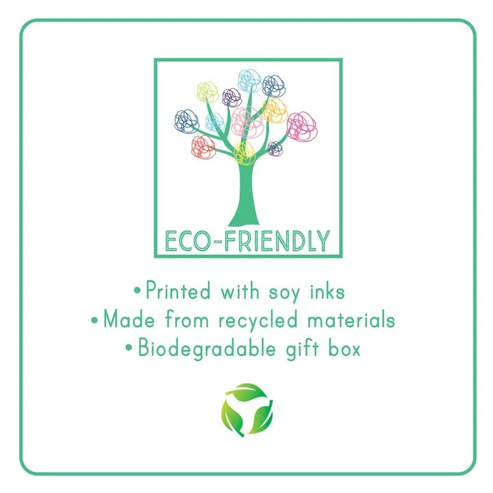 Floss And Rock Princess Musical Jewelry Box packaging showing eco-friendly badge, soy-ink print, recycled materials, biodegradable box.