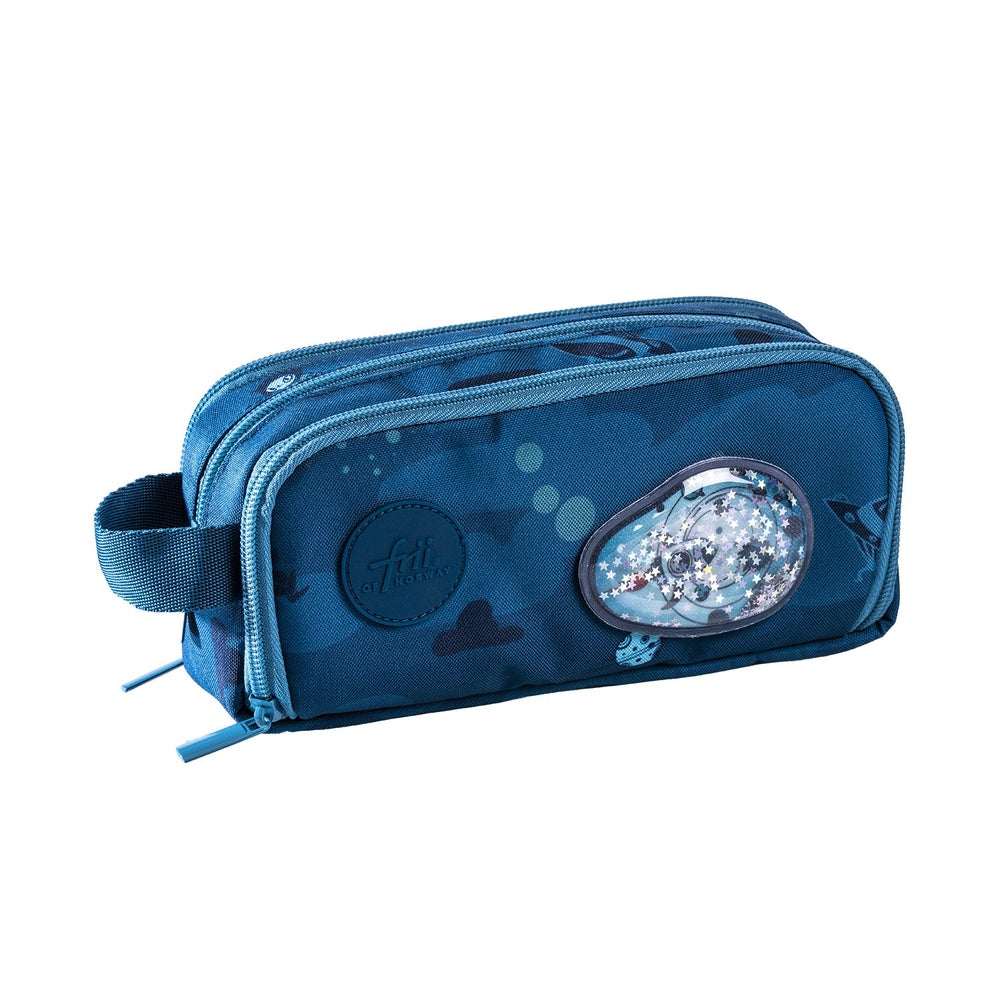 Frii of Norway 3-layer ninja blue pencil case with glittery clear window accent