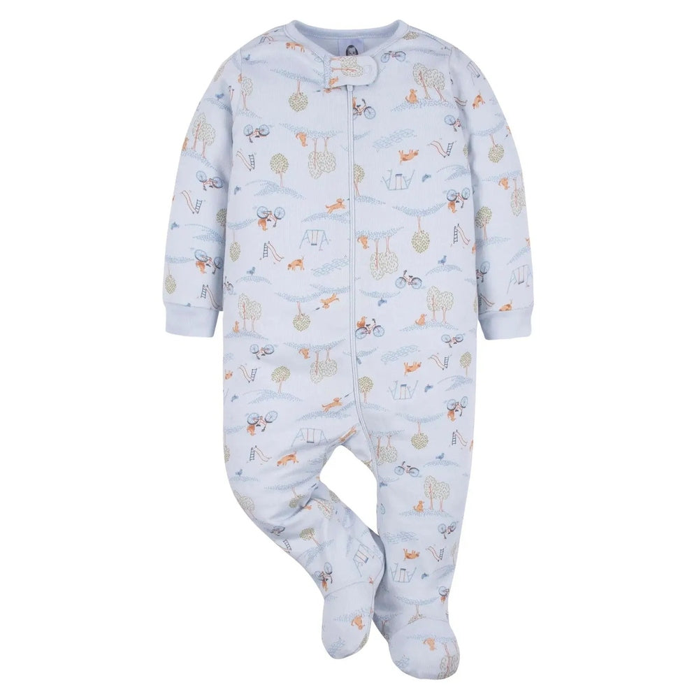 Gerber Baby Boy Puppy Playground Blue sleeper with front zipper, footed, pale blue print of puppies at play