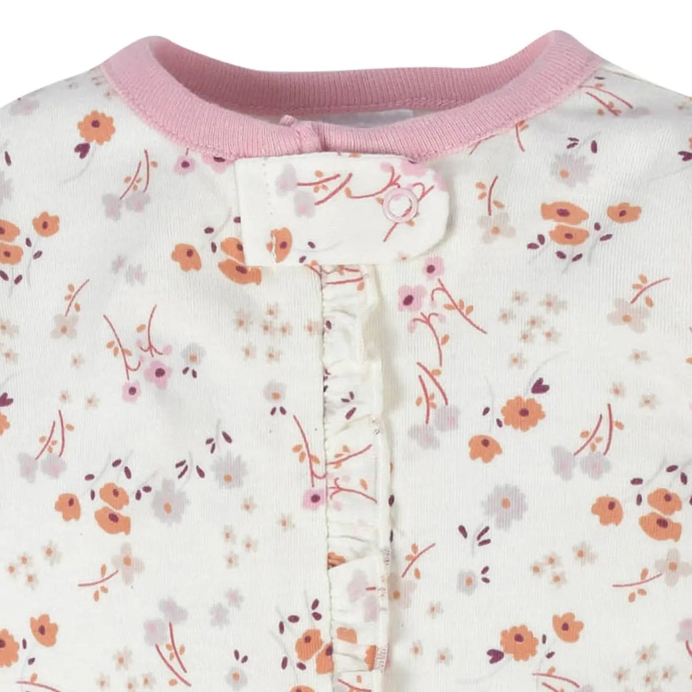 Gerber Baby Sleep 'N Play romper in white with pink floral print and pink rib neck, back snap closure shown.