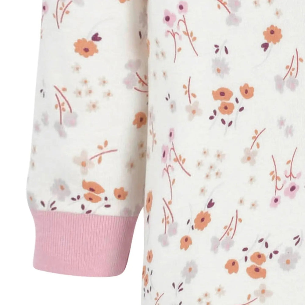 Gerber Baby Boys Floral Sleep 'N Play, white fabric with pink cuffs and orange/purple floral print.