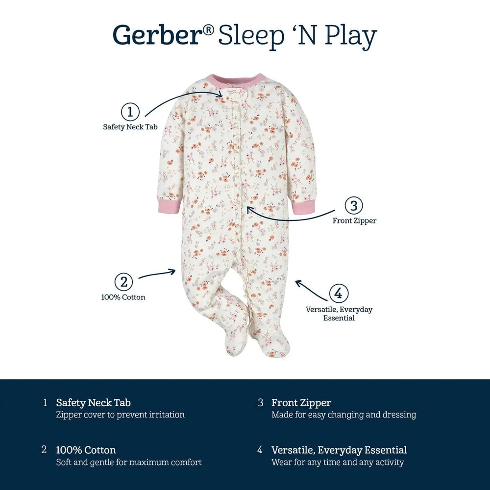 Gerber Baby Boys Floral Sleep 'N Play, cream floral print with pink cuffs, front zipper for easy dressing.