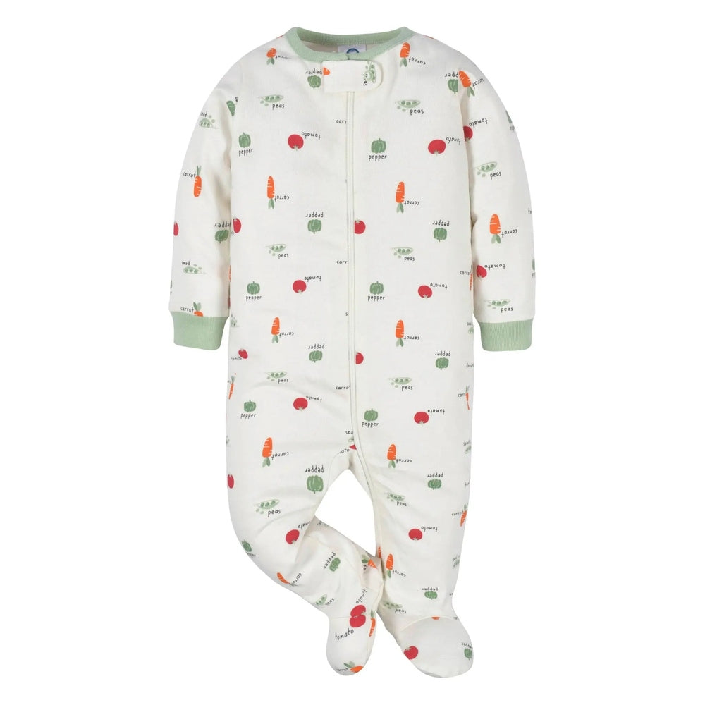 GERBER Baby Neutral Veggies Sleep N Play, white sleeper with carrot and pea prints, mint cuffs, front-zip closure.