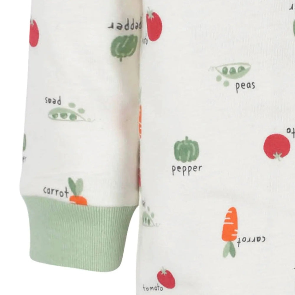 Gerber Baby Neutral Veggies Sleep N Play, cream knit with green veggie prints and ribbed green cuffs.