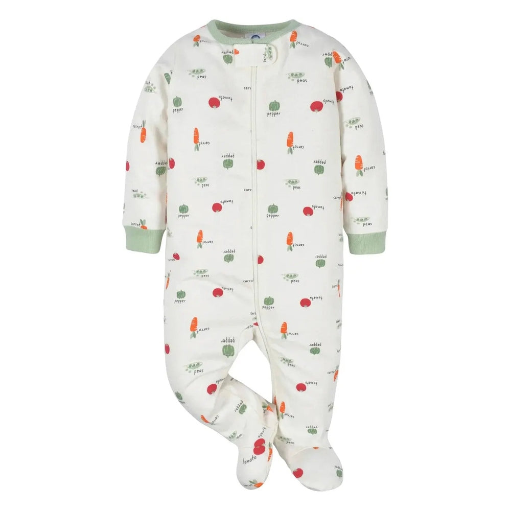 Gerber Baby Neutral Veggies Sleep N Play, white with carrot/pea print, green cuffs, footed, zip-front.