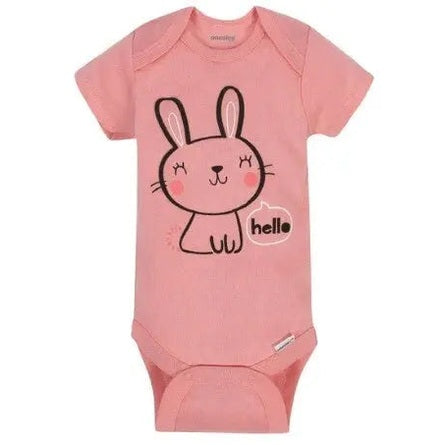 Gerber Short Sleeve Baby Bodysuit Hello in pink, featuring a cute bunny graphic and snap closures at the bottom.