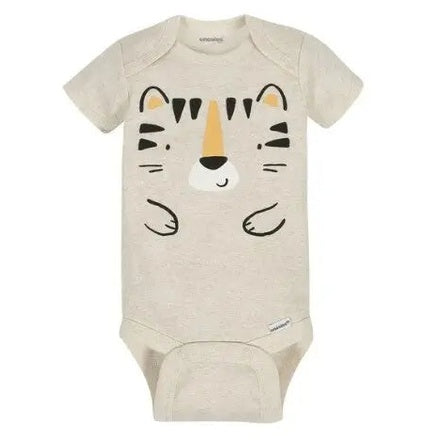 Gerber Short Sleeve Baby Bodysuit Beige fabric, front tiger-face graphic with bottom snaps.
