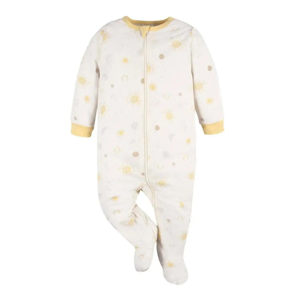 Gerber Sleep N Play neutral celestial baby sleeper with yellow cuffs and sun prints