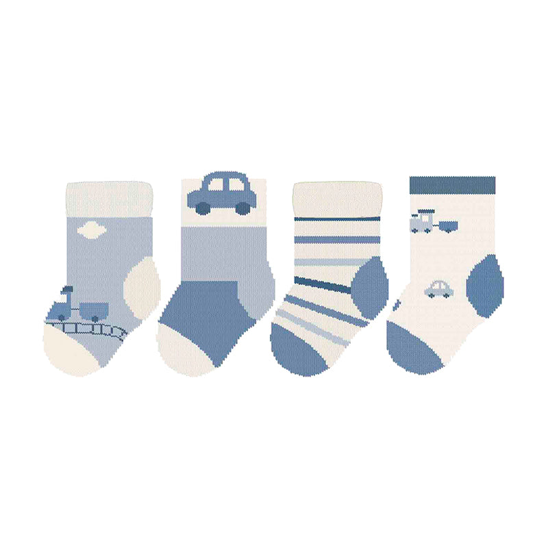 Mayoral newborn 4-pack socks, blue and cream with car and stripe designs