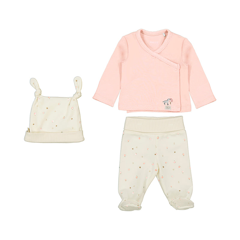 Mayoral leg warmer set, pink top and cream dotted leggings with hat, 3 pieces