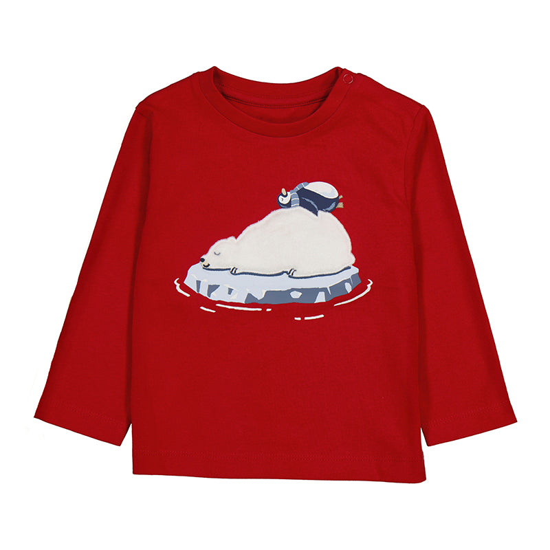 Mayoral polar bear and penguin shirt, red long sleeve with ice graphic