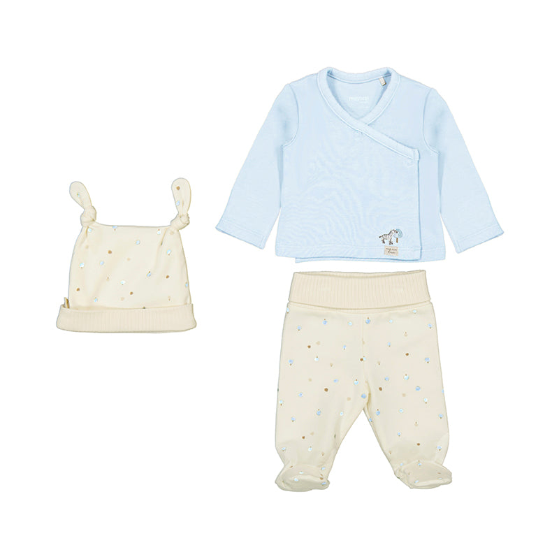 Mayoral leg warmer set, 3-piece: light blue top, cream dotted pants, cream hat