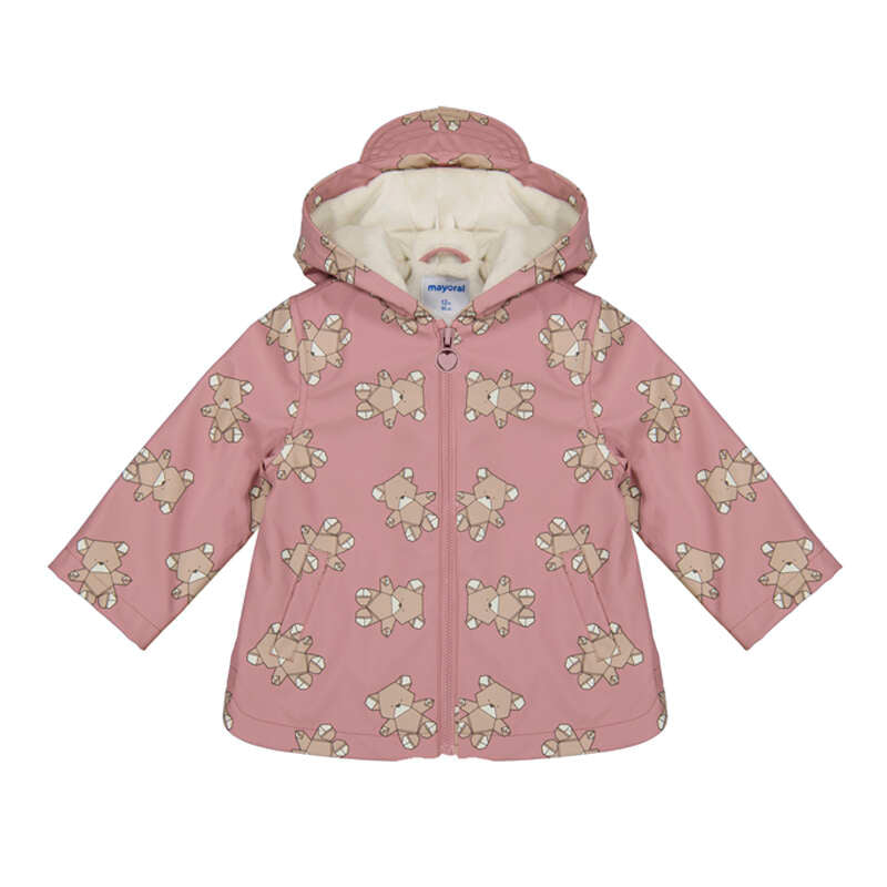 Mayoral teddy bear raincoat pink with beige teddy bear pattern, hooded