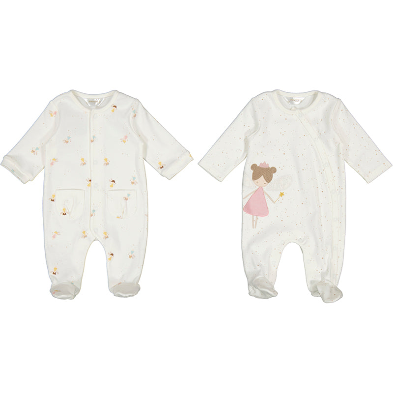MAYORAL Fairy Bodysuit 2-pack in natural cream; one with fairy girl graphic, one with tiny prints and pockets
