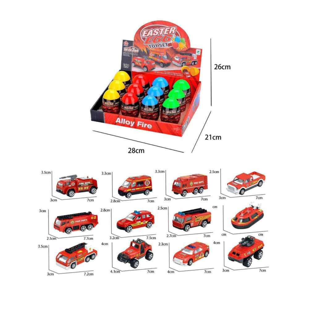 Handsome Toys Fire Department blind box set; 12 mini red fire vehicles in a red display box.