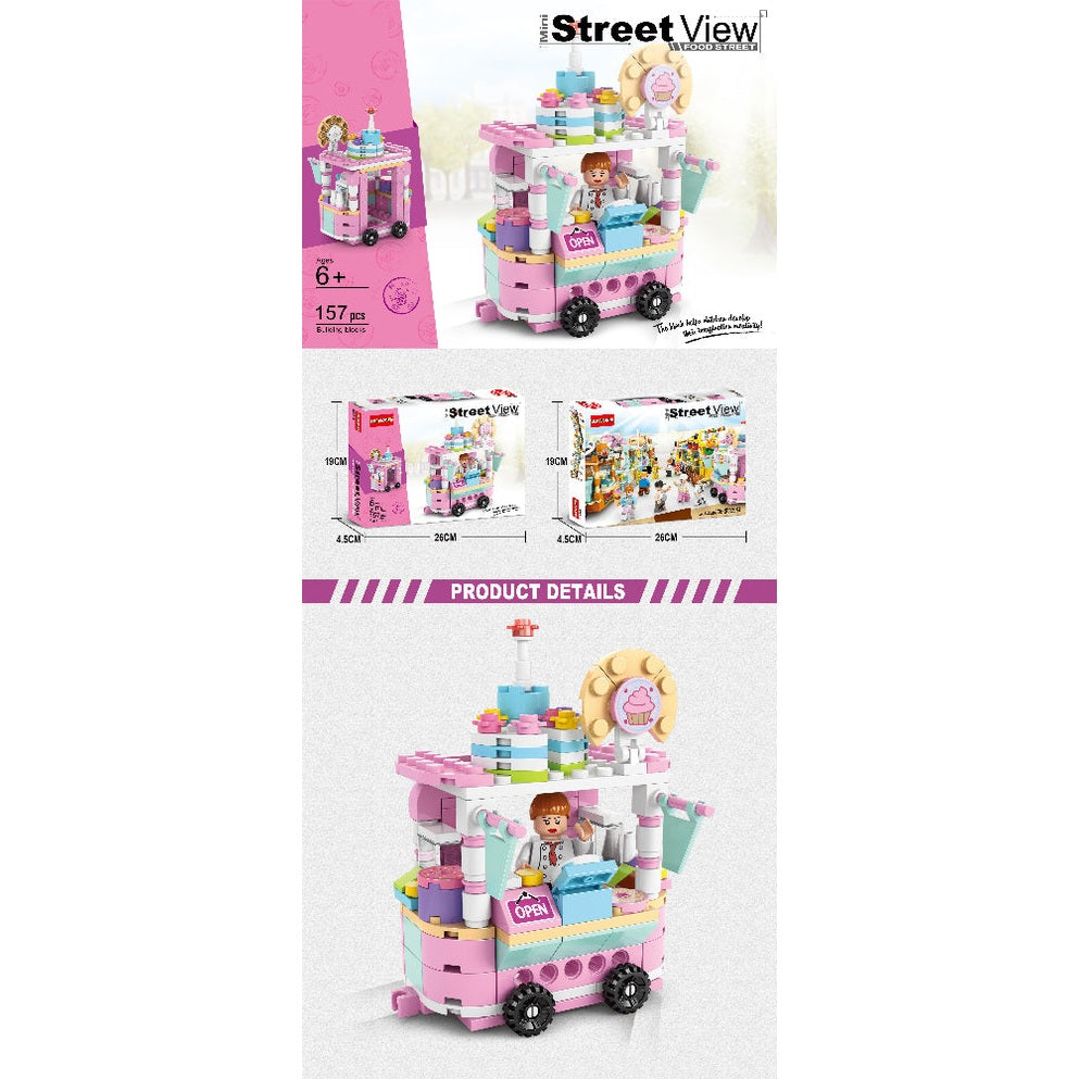 Cupcake stall building-block set by Handsome Toys, pastel pink mobile shop with minifigure, 157 pcs