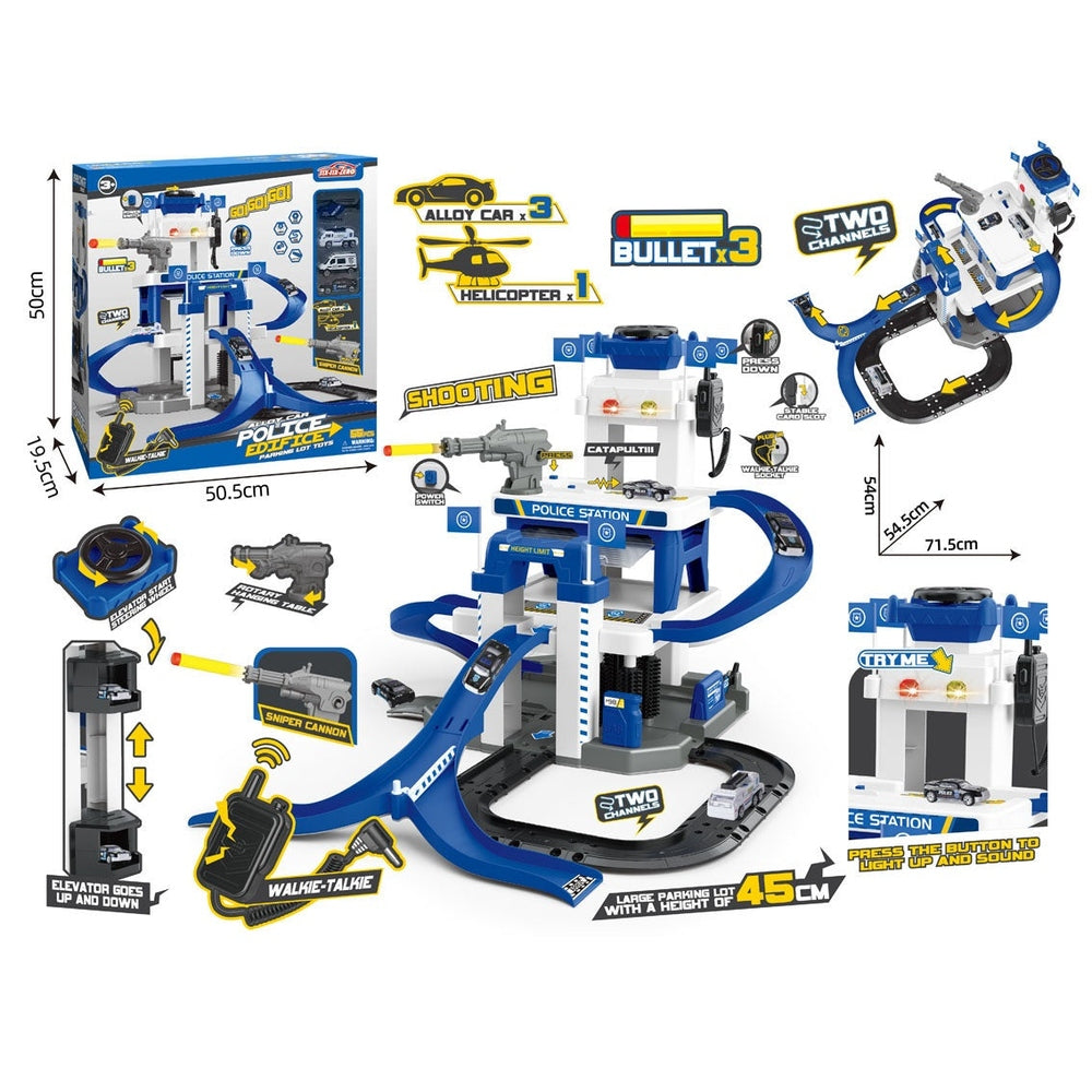 Handsome Toys police headquarters parking lot playset; blue and white plastic with multiple vehicles and accessories