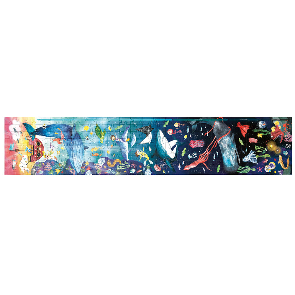 Hape Ocean Life glow-in-the-dark puzzle; long rectangular undersea scene with colorful sea creatures
