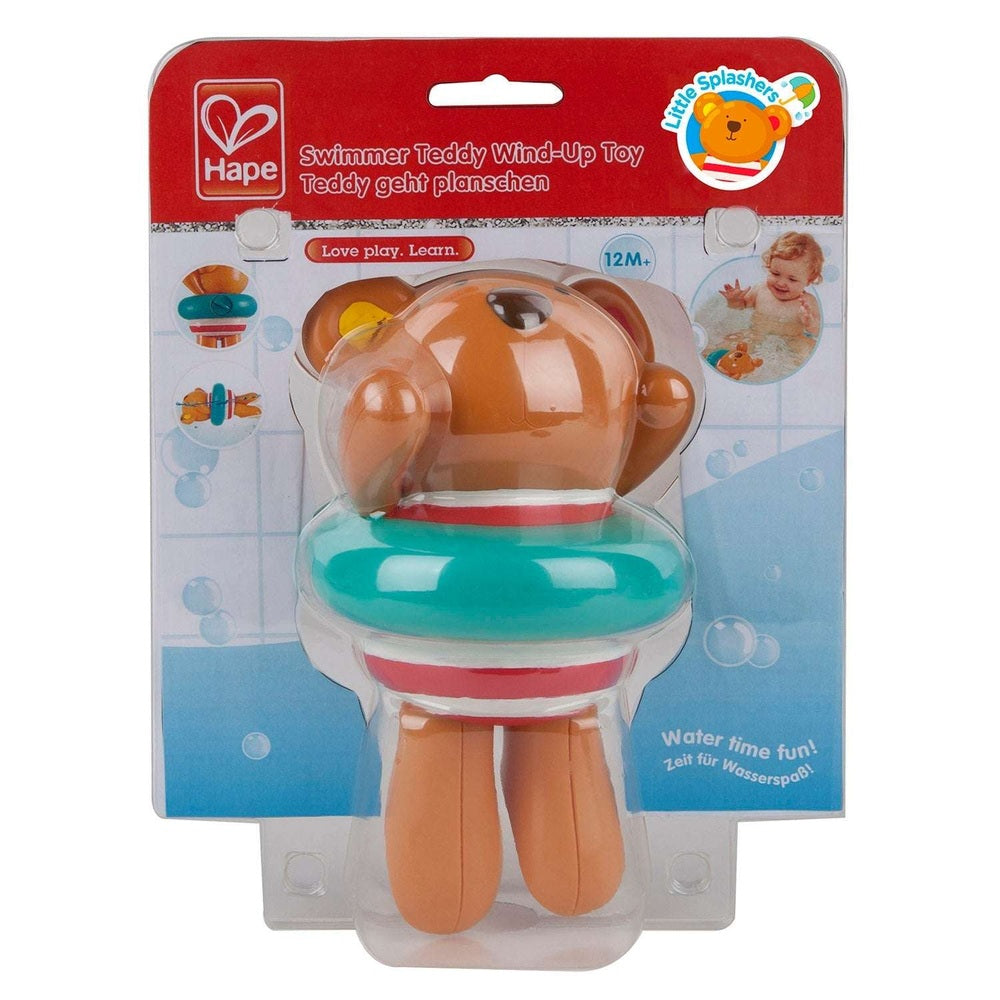 Hape Swimmer Teddy Wind-Up Toy bath toy, orange teddy with teal flotation ring.