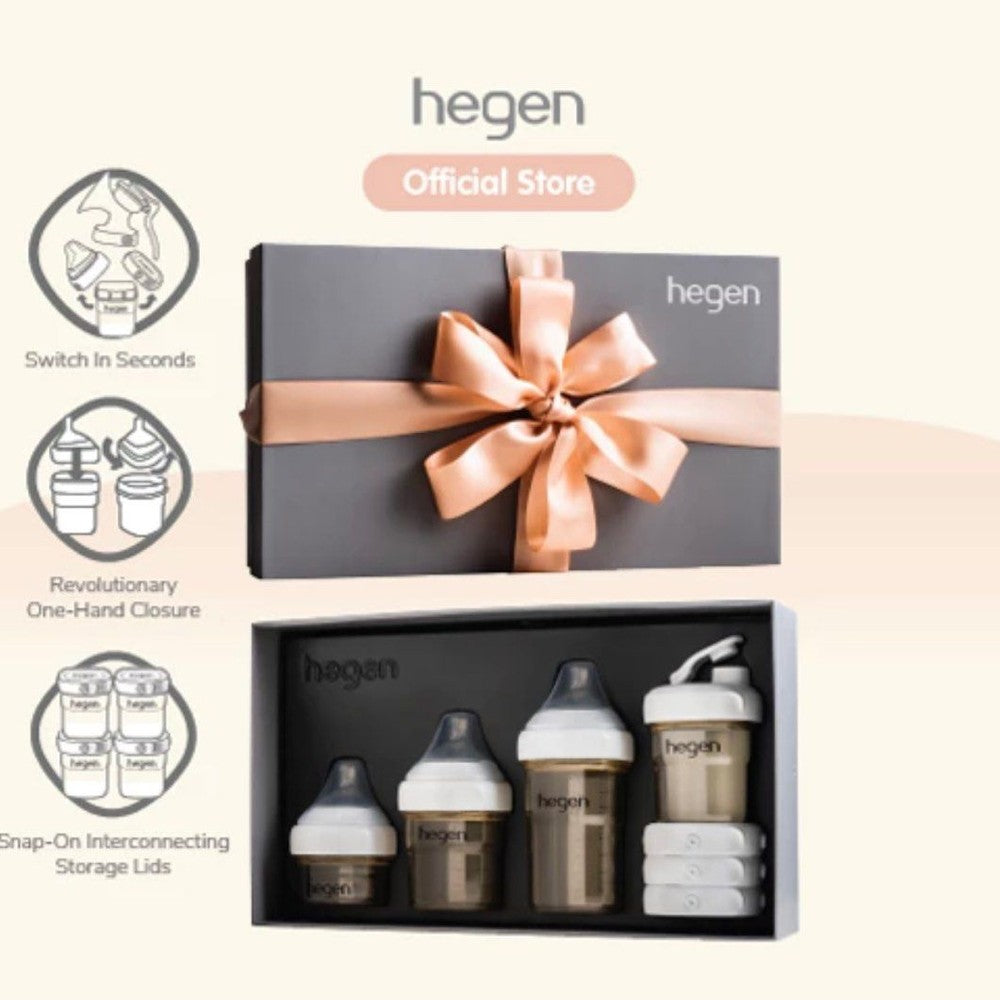 Hegen Essentials Starter Kit: gray gift box with peach ribbon, includes four baby bottles and storage lids