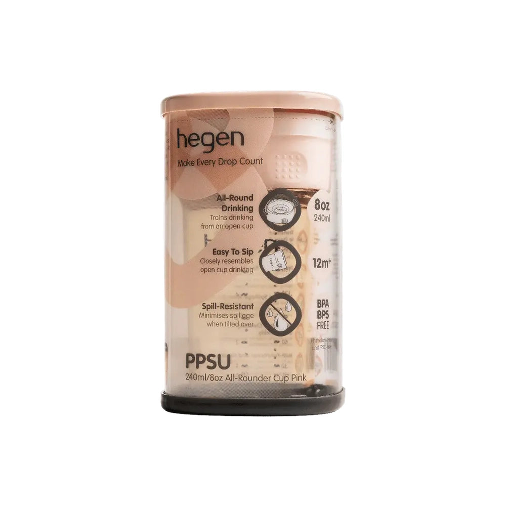 HEGEN PCTO 240 ml/8 oz All-Rounder Cup PPSU Pink in package, showing easy-to-sip, spill-resistant design for 12m+.
