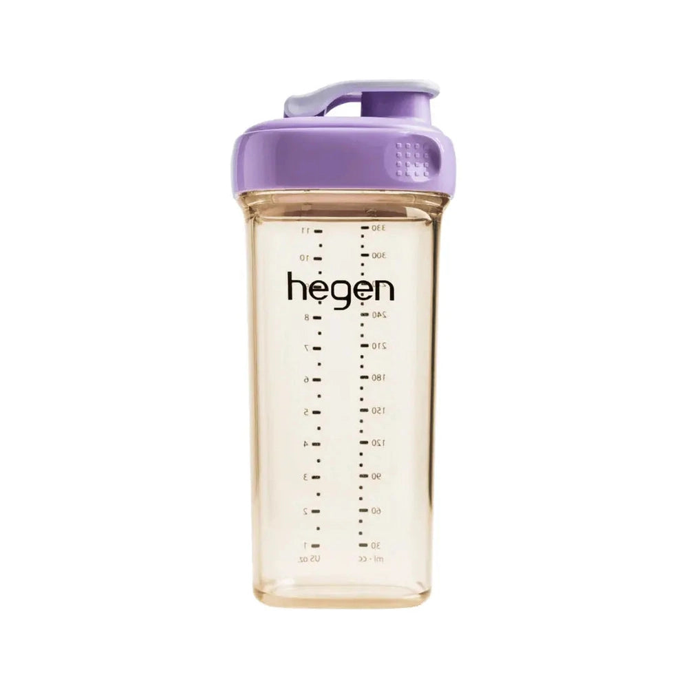 HEGEN PCTO Drinking Bottle PPSU 330 ml/11 oz with purple lid and clear body with measurement marks