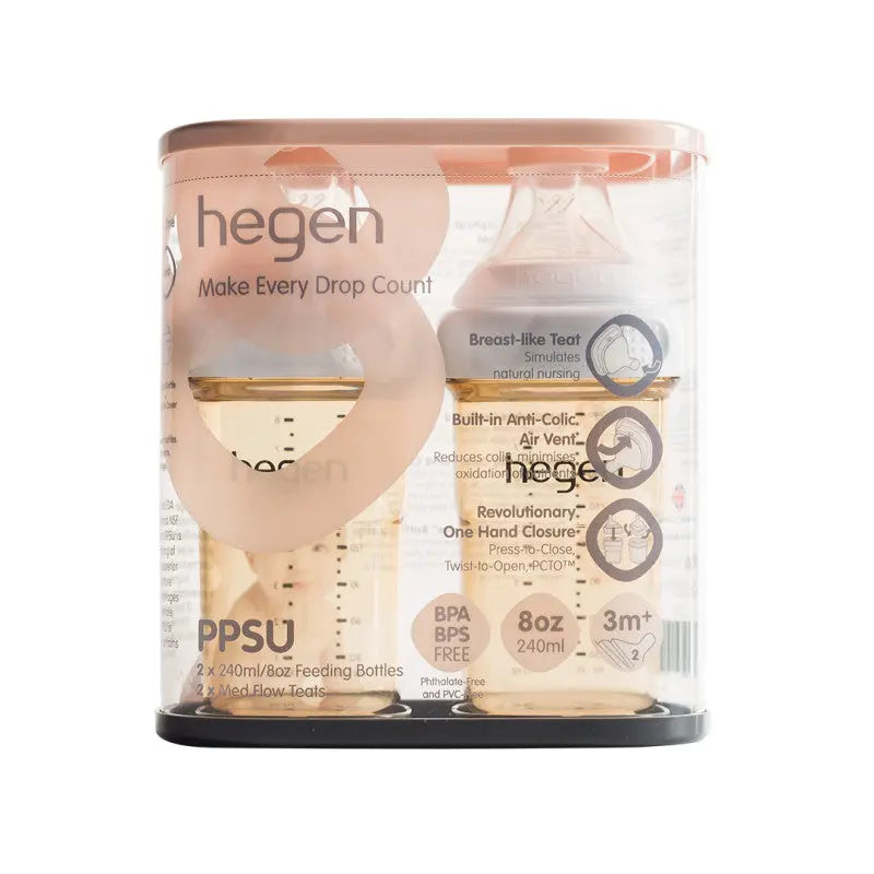 Hegen PCTO PPSU baby feeding bottles, 240 ml (2-pack), clear with rose lids