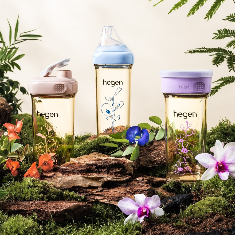 Hegen X Nest Designs Blossom Bunny Bundle: three baby bottles with pink, blue and lavender lids and floral prints