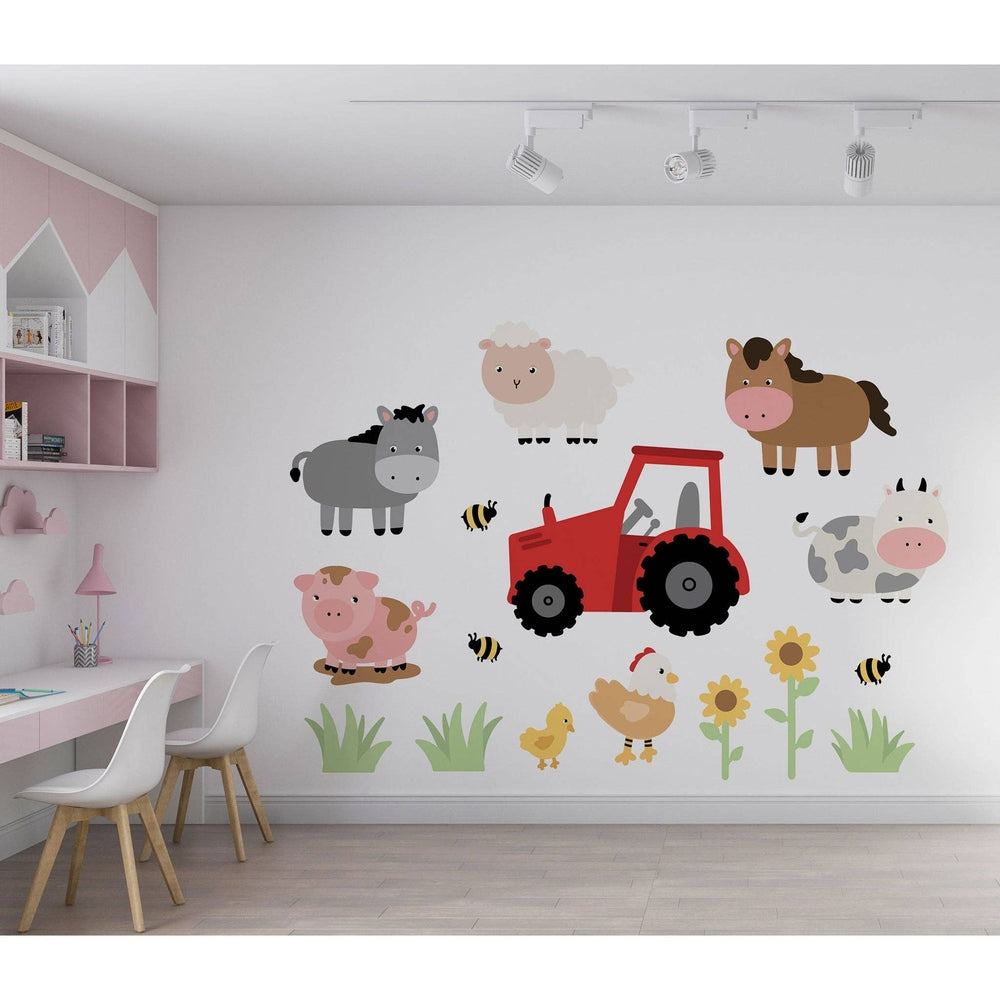 Barnyard animals nursery wall stickers by Hello Beautiful Designs featuring a red tractor, cows, pig, sheep, horse and sunflowers