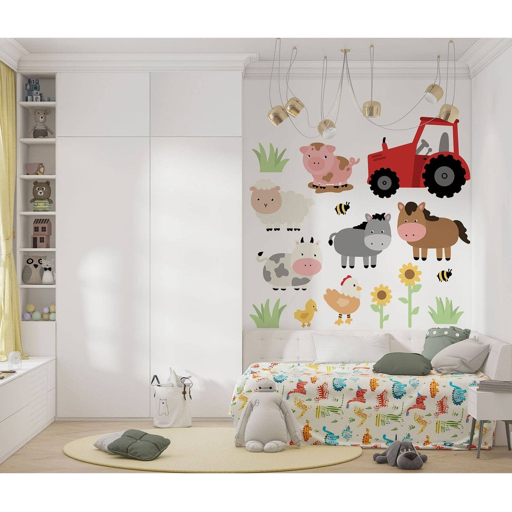 Hello Beautiful Designs barnyard animals nursery wall stickers; colorful farm animal decals with tractor on white wall.