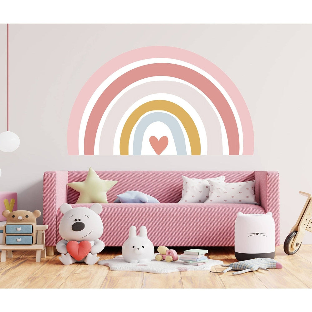 Hello Beautiful Designs pink rainbow nursery wall art sticker with pastel arches and heart centerpiece