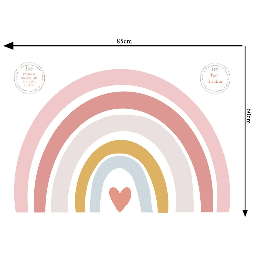 Hello Beautiful Designs pink rainbow nursery wall art sticker with pastel arches and heart, 85x60 cm