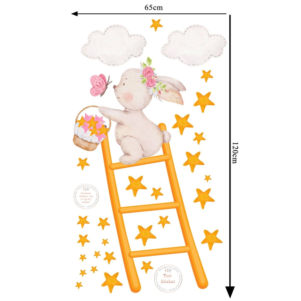 Hello Beautiful Designs Bunny Climbing On Ladder Collecting Stars With Pink Butterfly Reusable Nursery Wall Stickers