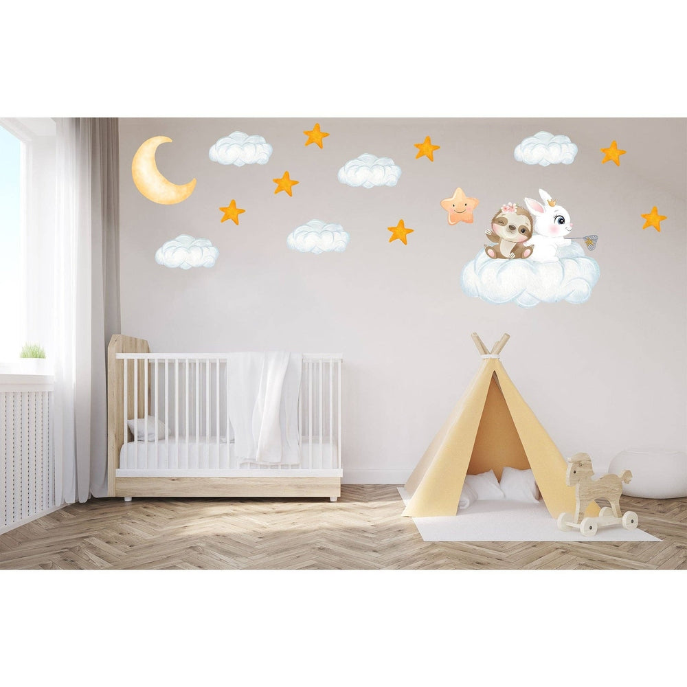 Hello Beautiful Designs Bunny Friends on Cloud nursery wall sticker set featuring bunny and unicorn on a cloud with stars and moon