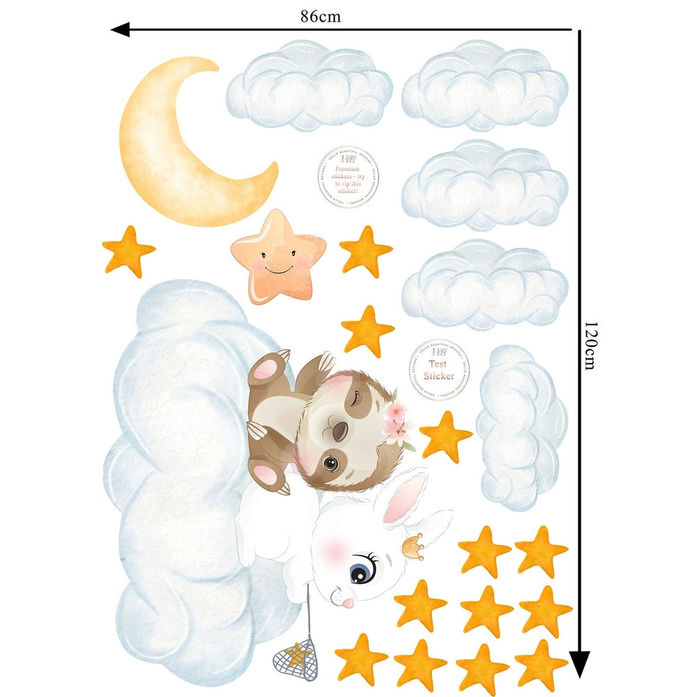Hello Beautiful Designs Bunny Friends on Clouds nursery wall sticker set with moon and orange stars by Hello Beautiful Designs