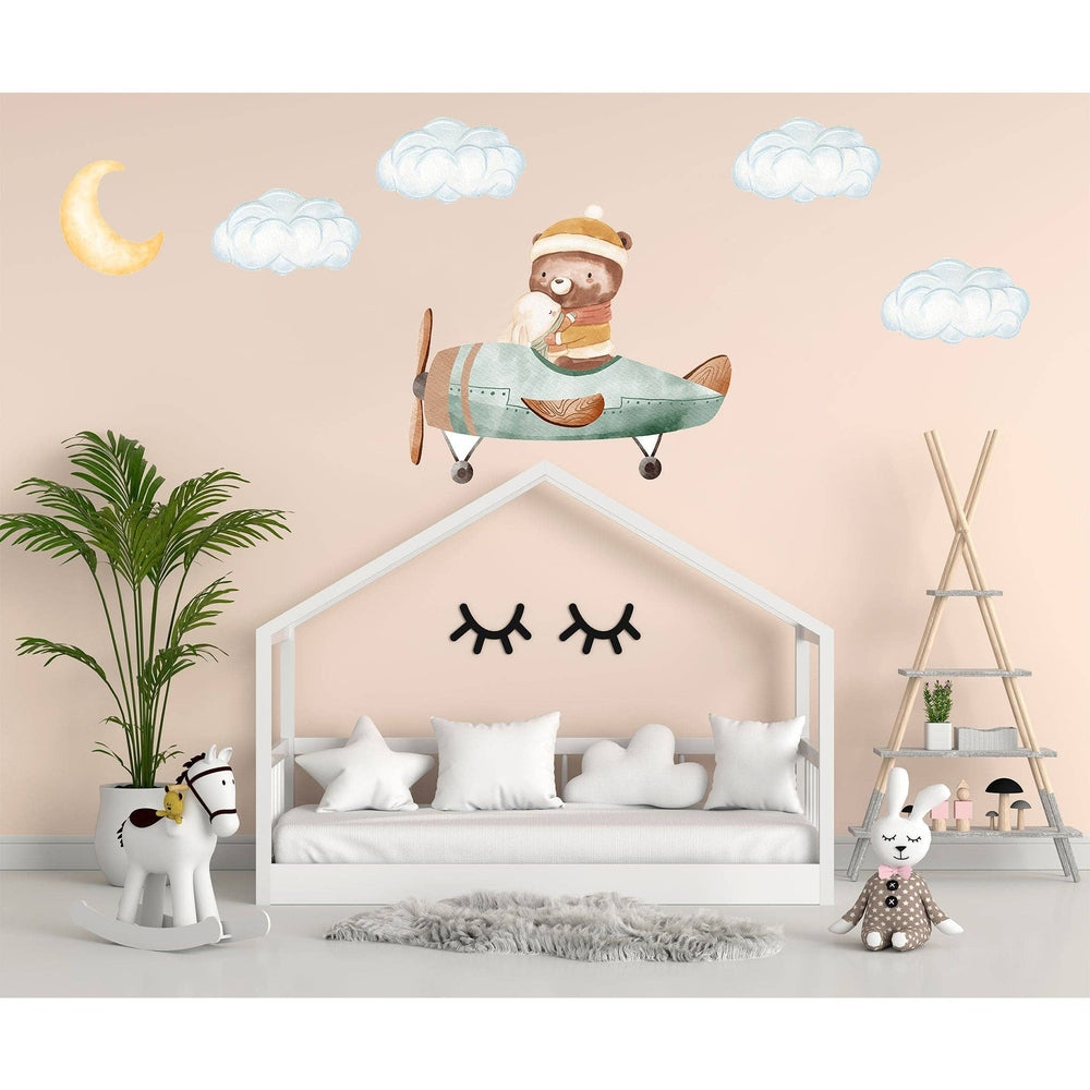 Hello Beautiful Designs cute bear and bunny in a green plane wall decal with moon and clouds, reusable nursery sticker