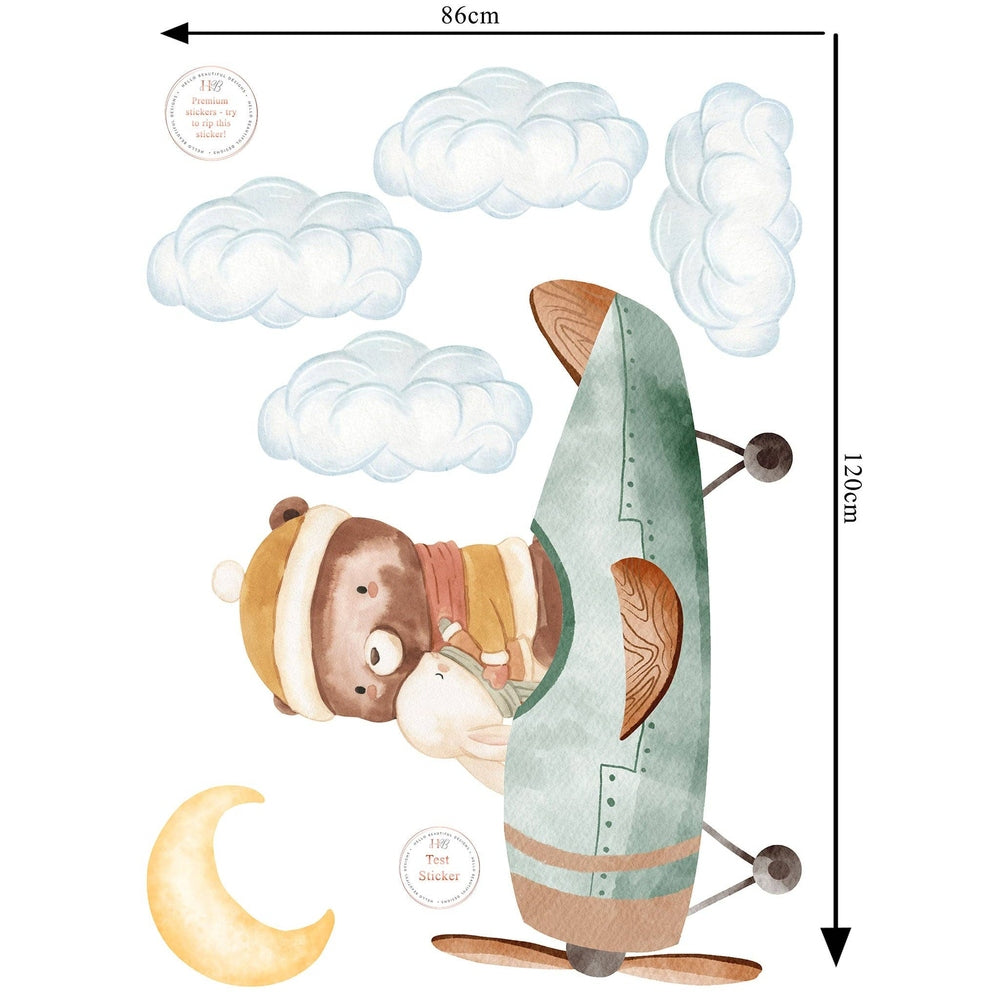 Hello Beautiful Designs bear and bunny in green airplane wall sticker set with clouds and moon, reusable nursery decor