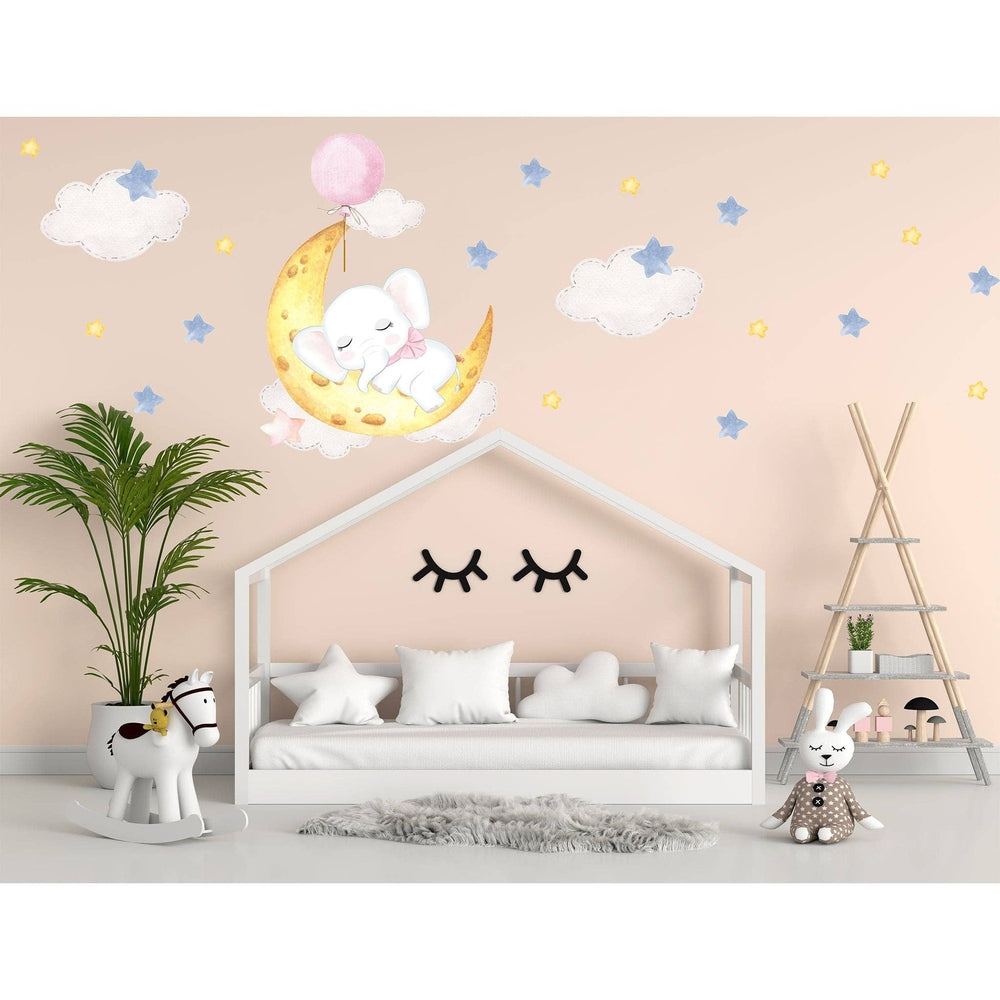 Hello Beautiful Designs Cute Elephant Asleep On Big Moon Reusable Nursery Wall Stickers