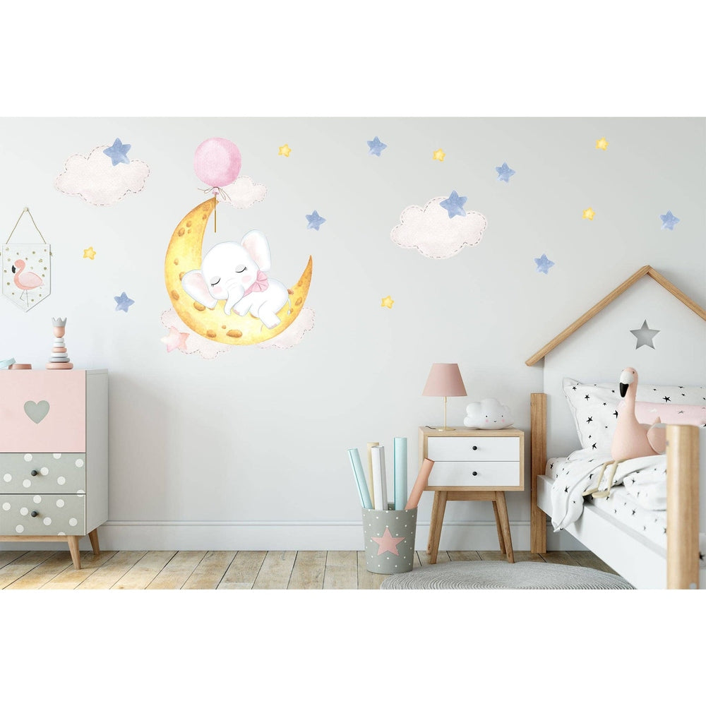 Hello Beautiful Designs elephant asleep on yellow moon nursery wall sticker with clouds and stars
