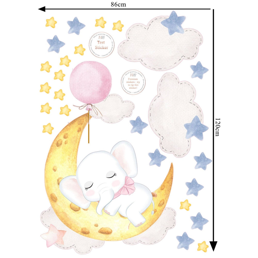 Hello Beautiful Designs elephant sleeping on crescent moon nursery wall sticker with pink balloon, stars and clouds