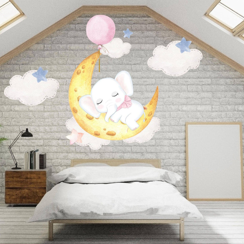 Hello Beautiful Designs Cute Elephant Asleep On Big Moon Reusable Nursery Wall Stickers